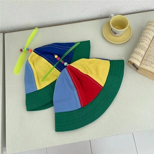 Kids colorful patchwork bucket hat with spinning propeller for summer outdoor protection
