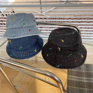 Acrylic Dinosaur Embroidered Denim Style Bucket Hat For Women Casual Washed Sun Protection Fashion Fisherman Cap Outdoor