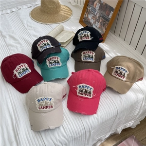 Happy Camper Distressed Baseball Cap For Women American Vintage Acrylic Patchwork Distressed Hat Outdoor Sunshade Cap