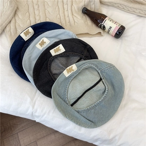 Vintage Washed Denim Style Acrylic Beret For Women Casual Fashion Painter Hat With Metal Logo Patch Retro Octagonal Cap