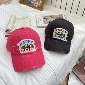 Vintage washed denim baseball caps with Happy Camper embroidery and distressed details