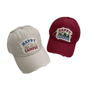 Vintage washed denim baseball caps with Happy Camper embroidery and distressed holes
