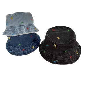 Cartoon dinosaur embroidery denim bucket hats in light blue, dark blue, and black