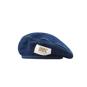 Vintage dark blue denim beret with NK gold letter patch for women fall and winter fashion