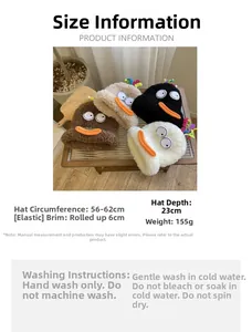 Size chart showing circumference, depth and weight for cute cartoon plush beanie hats