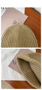 Detail of camel ribbed knit beanie showing soft texture and premium stitching craftsmanship