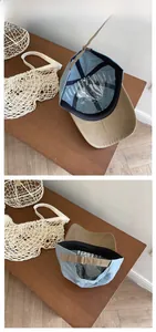 Détail de la casquette bicolore avec calotte bleu clair, visière kaki et boucle métallique