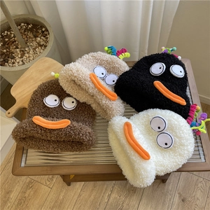 Funny Duck Plush Knitted Hat For Women Warm Faux Shearling Bucket Hat With Big Eyes And Cartoon Orange Beak Antennas