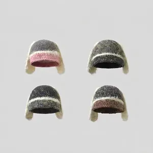 Bonnet en Tricot avec Oreilles de Lapin pour Femmes Hiver Chaud Bloc de Couleur Protection Oreille Beanie Acrylique Thermique