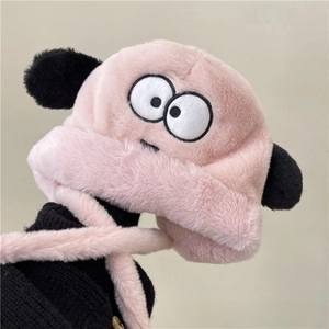 Cute Cartoon Dog Plush Earflap Hat Women Winter Warm Thickened Acrylic Faux Fur Trapper Hat With Pom Poms Versatile