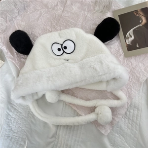 Cute white puppy plush earflap hat with cartoon eyes and long faux fur pompom ties