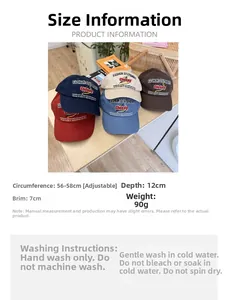 Detailed spec sheet of a vintage baseball cap showing size guide and 5 colors available