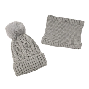 Women's thick cable knit beanie and neck warmer set with faux fur pom in gray