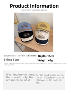 Size guide for color-block embroidered baseball caps showing measurements and wash care