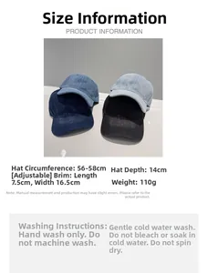 Size chart for adjustable denim baseball cap with detailed cap dimensions and care guide