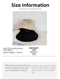 Detailed size specifications for flower embroidered bucket hat with brim and depth measurements