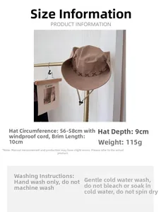 Detail showing khaki outdoor sun hat with 10cm wide brim and adjustable chin strap