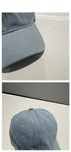 Detail of light blue denim baseball cap showing premium stitching and six-panel crown