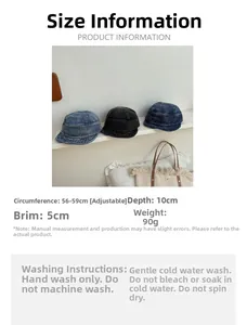 Detailed size chart for adjustable washed denim cadet cap with 56-59cm circumference info