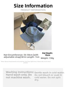 Detailed size specifications for denim bucket hat with internal adjustable drawstring