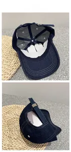 Detail showing inner structure and adjustable metal buckle of navy denim baseball cap