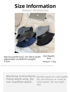 Size guide for denim bucket hat showing 56-58cm head circumference and 7.5cm wide brim