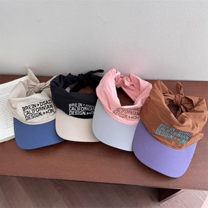 Women Quick Dry Sun Visor Hat Contrast Color Letter Embroidery Tie Back Bow Adjustable Empty Top Summer Outdoor Beach Cap