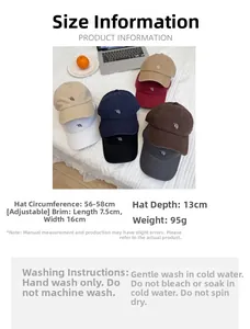 Detailed size chart for cotton baseball cap showing adjustable strap and 56-58cm brim