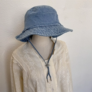 Acrylic Denim Style Bucket Hat For Women Men Adjustable Windproof Rope Water Washed Sun Protection Foldable Summer Outdoor Hat
