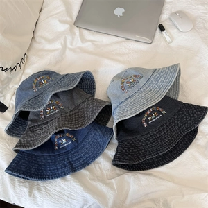 Vintage Embroidered Acrylic Washed Denim Style Bucket Hat For Women Men Sun Protection Wide Brim Outdoor Casual Fisherman Cap