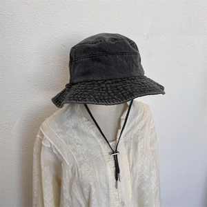 Unisex washed denim bucket hat in dark grey with adjustable drawstring wind rope