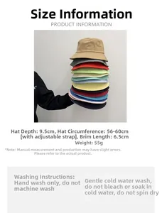 Specifiche delle taglie e istruzioni per il lavaggio di cappelli bucket in vari colori