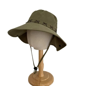 Olive green wide brim outdoor sun hat with cross-stitch design and adjustable wind cord