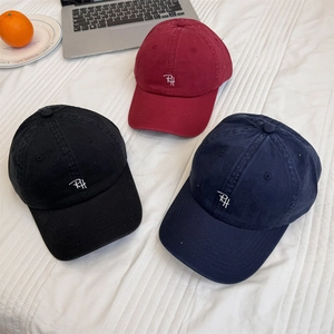 Three cotton baseball caps in burgundy, black and navy with RH letter embroidery