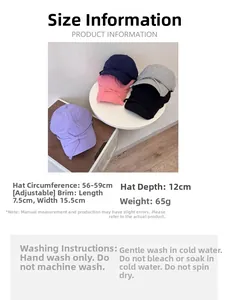 Size chart showing baseball cap dimensions and care instructions for breathable bow hat