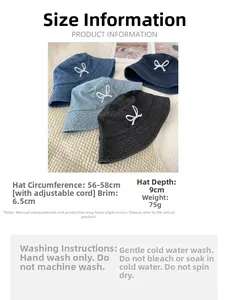Size chart for embroidered denim bucket hat showing brim, depth, and circumference detail