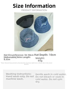 Detailed view of denim bucket hats featuring bow embroidery and adjustable size specs