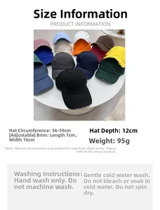 Size chart for vintage distressed baseball cap with adjustable strap and care instructions