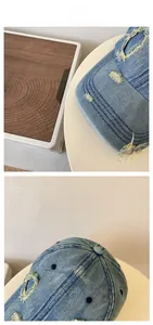 Detail showing vintage distressed denim baseball cap with ripped effects and worn brim texture