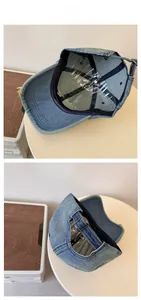 Detail view of denim baseball cap showing neat inner stitching and metal back buckle