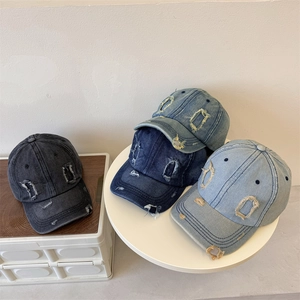 Retro Distressed Denim Baseball Cap Women Washed Broken Hole Soft Top Adjustable Casual Streetwear Chic Cotton Sun Hat
