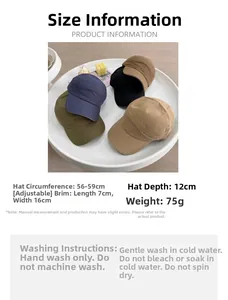 Detail view of adjustable cotton baseball cap dimensions and washing instructions