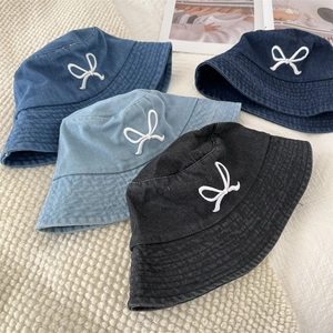 Women Sweet Butterfly Bow Embroidered Denim Bucket Hat Casual Sun Protection Washed Fisherman Cap For Outdoor Travel