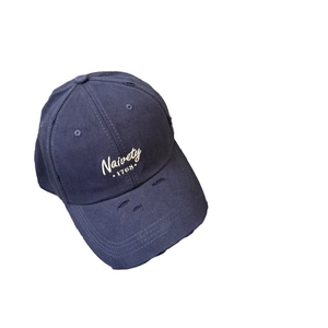 Distressed navy blue baseball cap with Naivety 1768 3D embroidery and wide brim