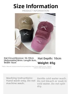 Size guide for washed denim baseball caps with bow embroidery in four colors