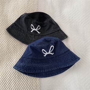 Denim bucket hats in black and navy featuring chic white bow embroidery for sun protection