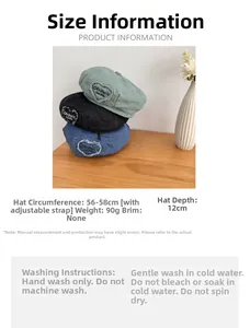 Detailed size guide and care instructions for vintage heart denim beret hats