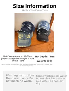 Sizing chart and washing guide for vintage distressed baseball caps in four faded colors