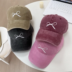 Vintage Washed Acrylic Bow Baseball Cap For Women Adjustable Distressed Embroidery Fashion Sunshade Retro Distressed Hat