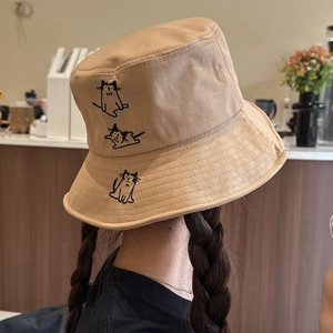 Damen Süßer Katzen Stickerei Anglerhut Acryl Sonnenschutz Faltbar Sommer Strand Reisen Lässig Süß Fischerhut